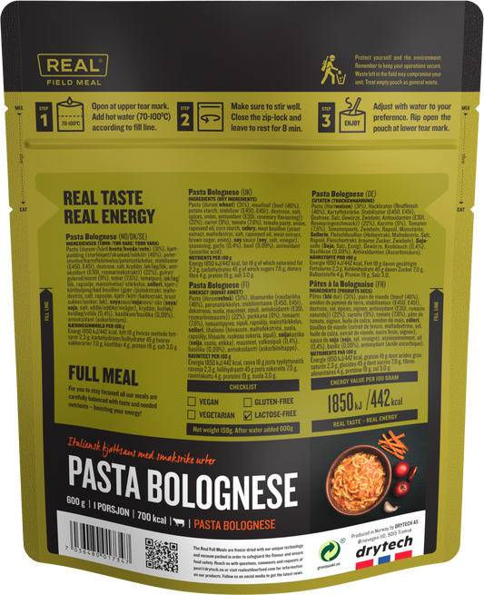 Real Turmat Pasta Bolognese achterkant verpakking