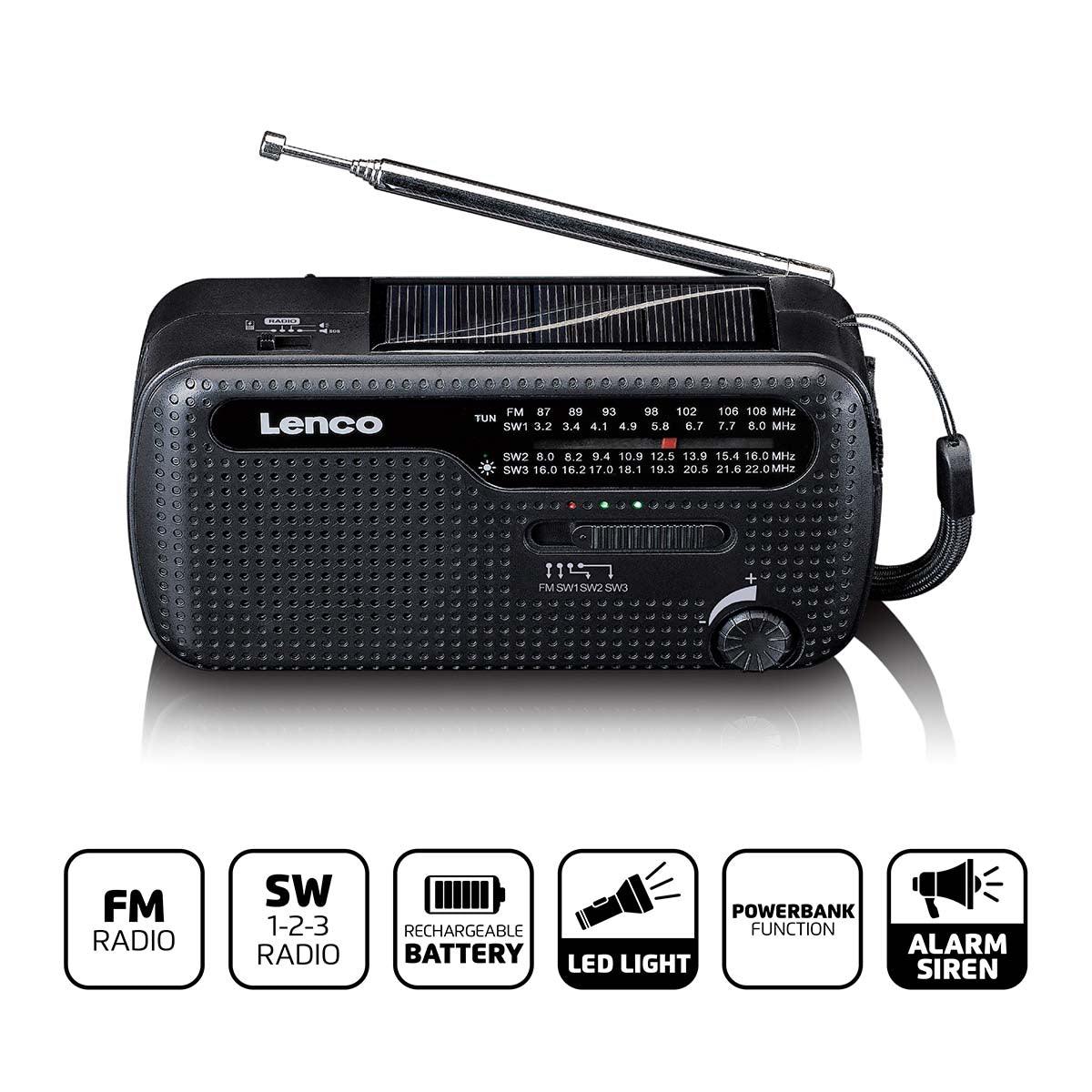Lenco noodradio met zonnepaneel, handslinger en zaklamp