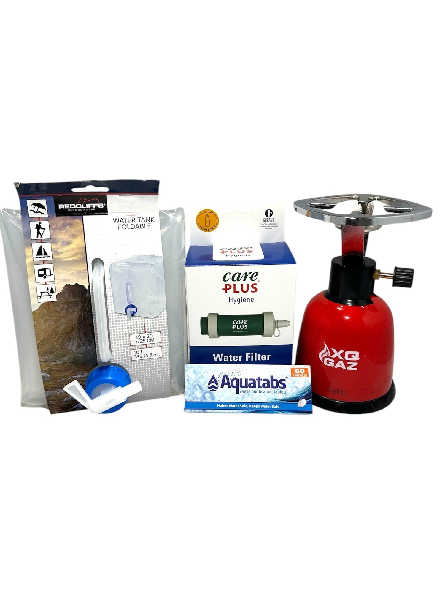 Jerrycan, Careplus waterfilter, gasbrander en waterzuiveringstabletten van aquatabs
