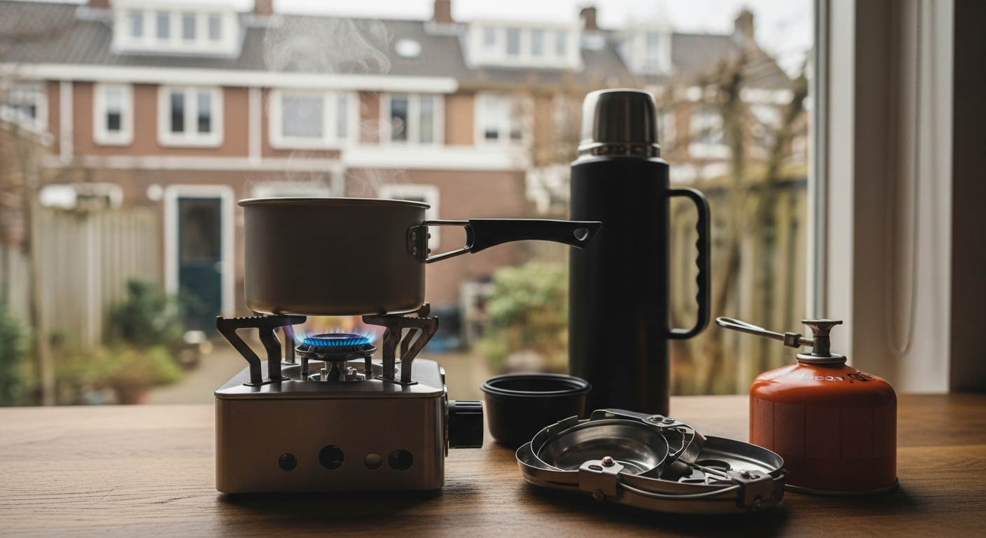 Koken op een draagbare kookset voor noodvoorbereiding in de buitenlucht