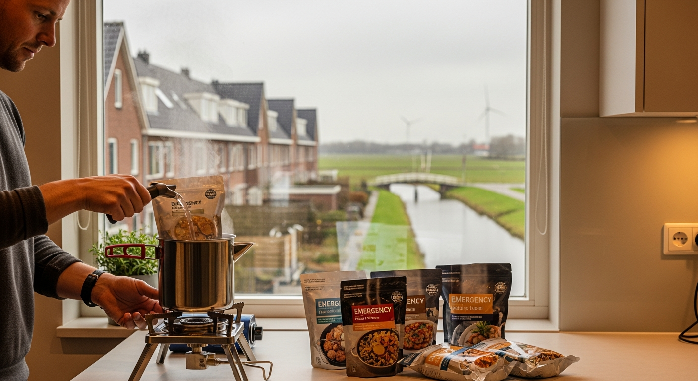 Noodmaaltijd in hand van persoon met warme trui voor noodvoorbereiding en crisismanagement