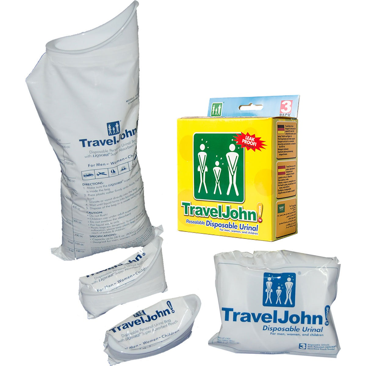 TravelJohn plazakjes 3 stuks PET inhoud 800ml uitgestald