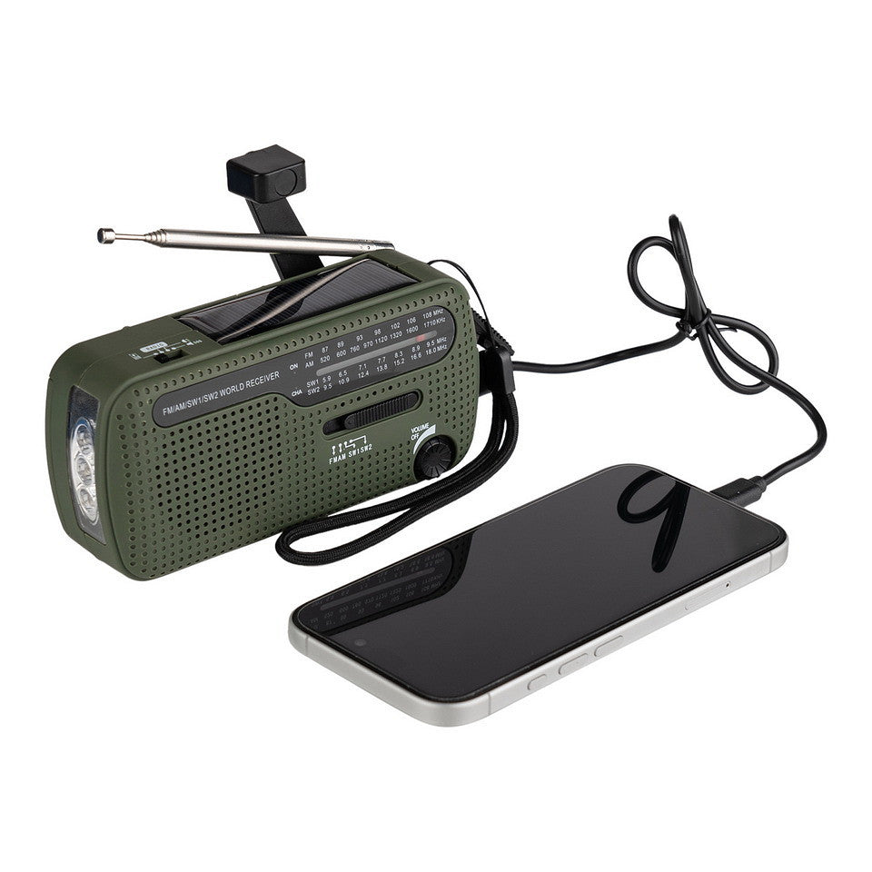 Fosco Noodradio survival met AM/FM dynamo zonnepaneel zaklamp en alarm powerbank functie