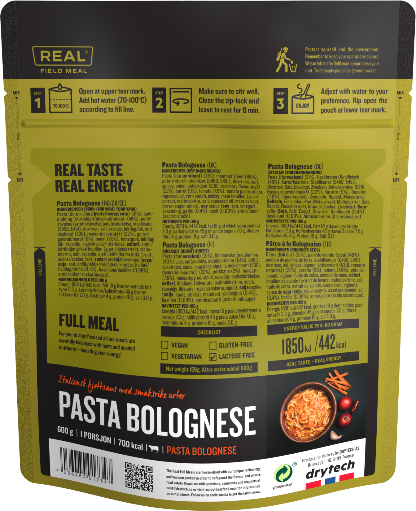 Real Turmat Pasta Bolognese achterkant verpakking