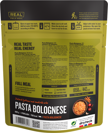 Real Turmat Pasta Bolognese achterkant verpakking