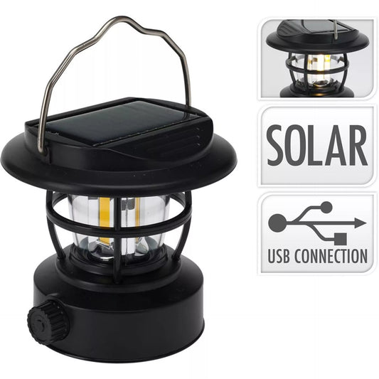 Campinglampje met zonnepaneel en USB oplaadmogelijkheid.