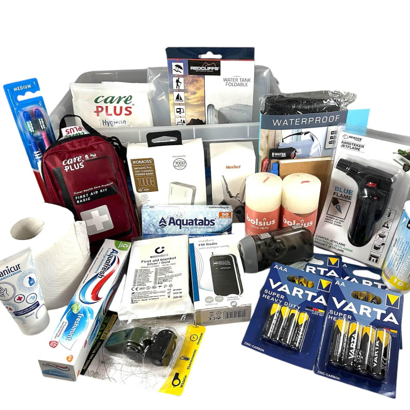 Noodpakket Denk Vooruit met powerbank, zaklamp, ehbo-set, radio, gasbrander, jerrycan, lamp, hooflamp, kaarsen, toiletpapier en nog veel meer - Rampready