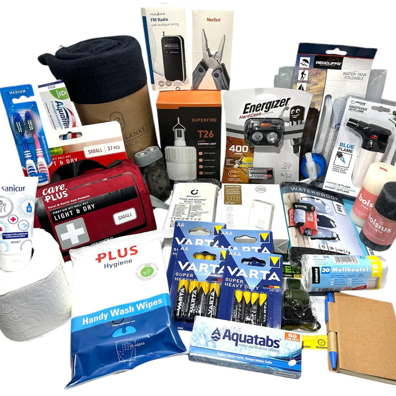 Noodpakket Denk Vooruit met powerbank, zaklamp, ehbo-set, radio, gasbrander, jerrycan, lamp, hooflamp, kaarsen, toiletpapier en nog veel meer - Rampready