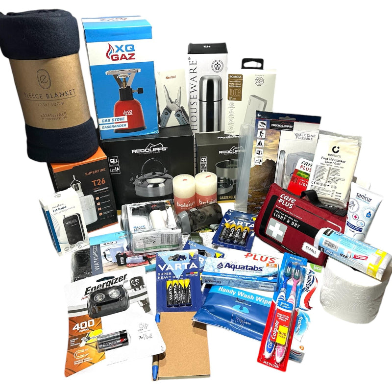 Noodpakket Denk Vooruit met powerbank, zaklamp, ehbo-set, radio, gasbrander, jerrycan, thermoskan, pannenset, lamp, hooflamp, kaarsen, toiletpapier - Rampready