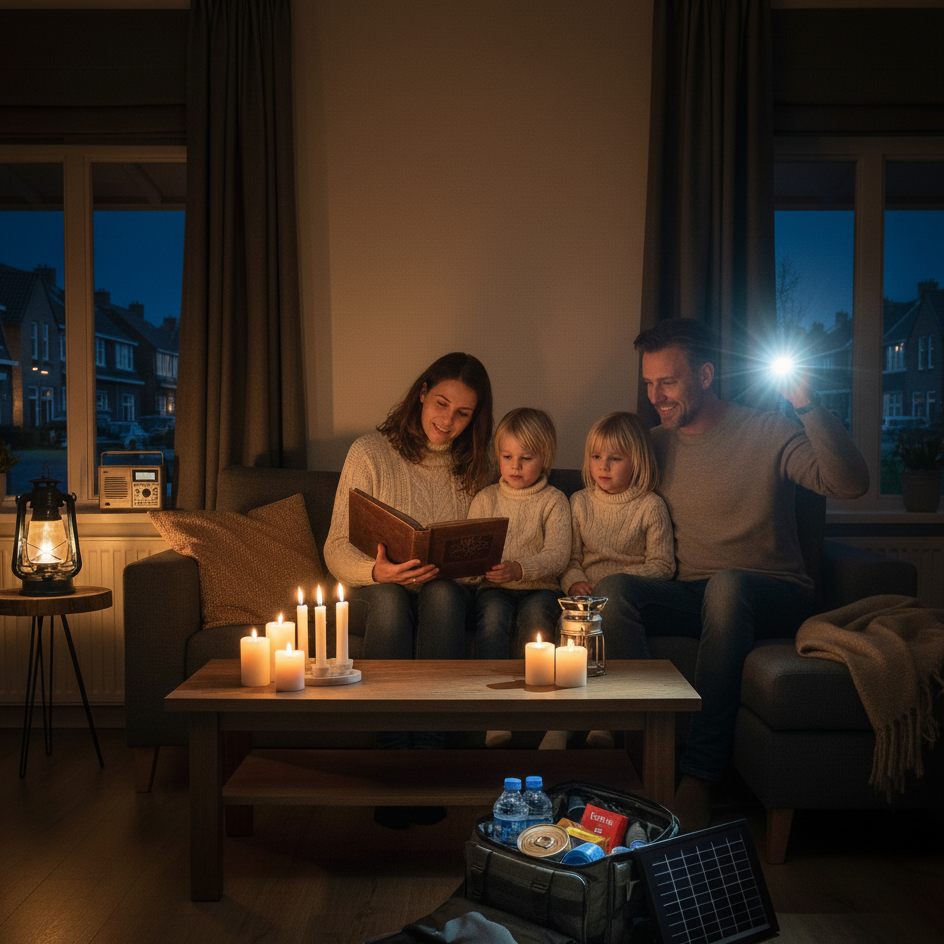 gezin bij kaarslicht met een noodpakket