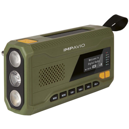 Impavio opwindbare Noodradio met zaklamp, zonnepaneel, powerbank, dynamo DAB+ en FM radio - Rampready