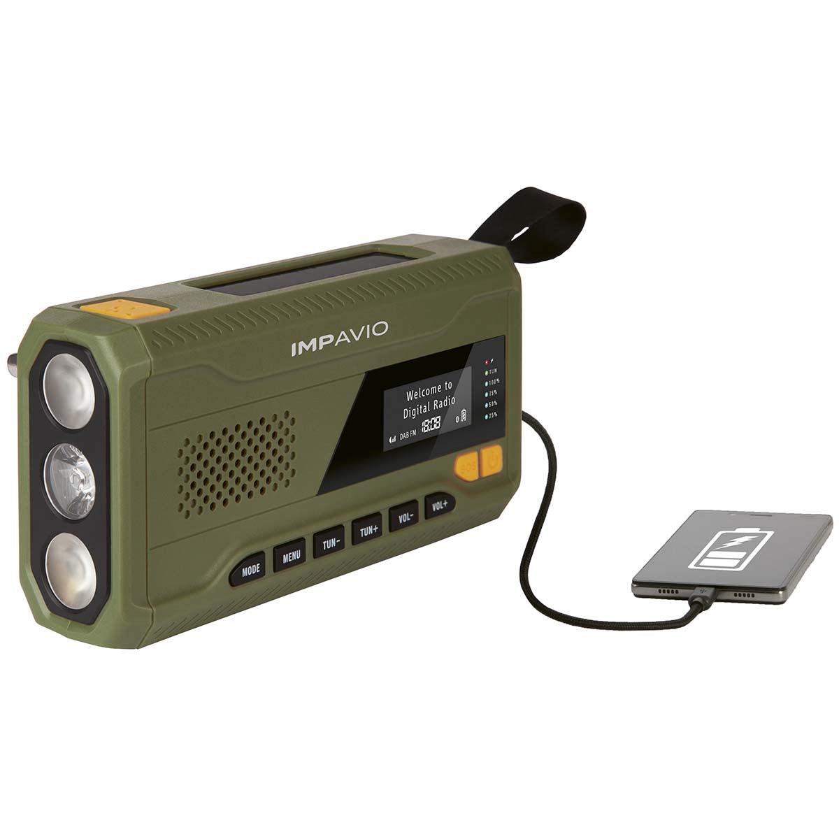 Impavio opwindbare Noodradio met zaklamp, zonnepaneel, powerbank, dynamo DAB+ en FM radio - Rampready