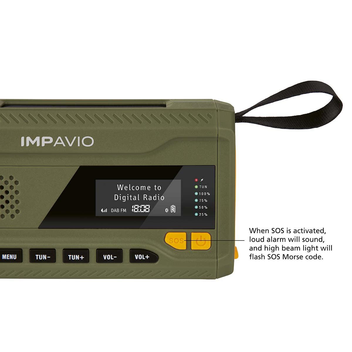 Impavio opwindbare Noodradio met zaklamp, zonnepaneel, powerbank, dynamo DAB+ en FM radio - Rampready
