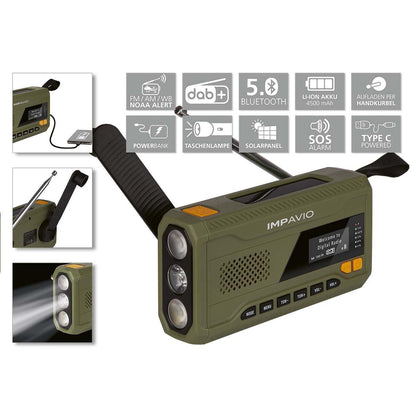 Impavio opwindbare Noodradio met zaklamp, zonnepaneel, powerbank, dynamo DAB+ en FM radio - Rampready