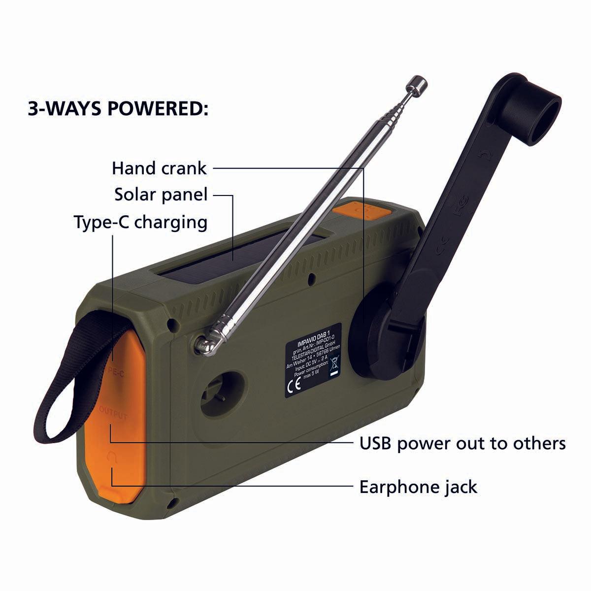 Impavio opwindbare Noodradio met zaklamp, zonnepaneel, powerbank, dynamo DAB+ en FM radio - Rampready