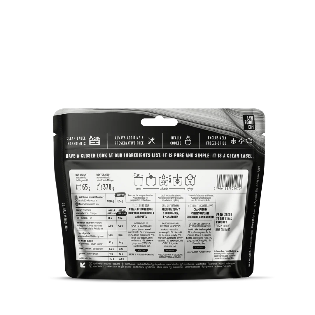 Lyofood	Creamy Mushroom Soup 370g
 achterkant