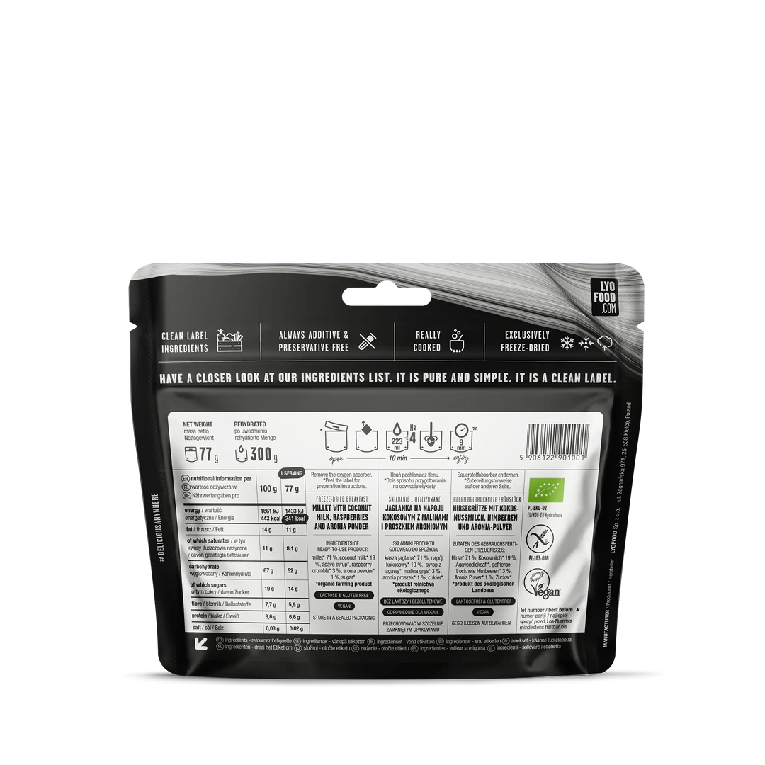 Lyofood	Organic Raspberry Millet Porridge 300g achterkant