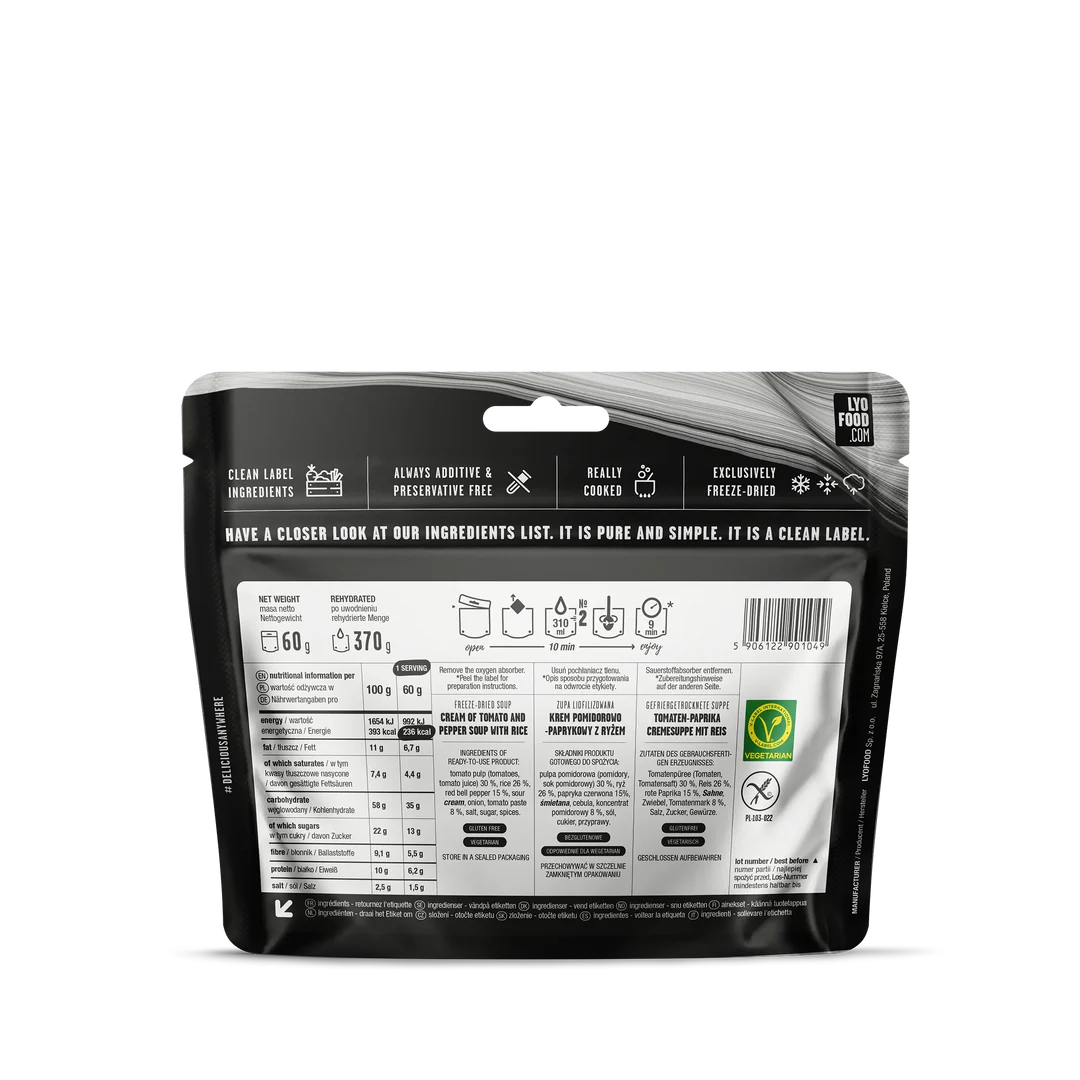 Lyofood	Creamy Tomato & Pepper Soup 370g achterkant