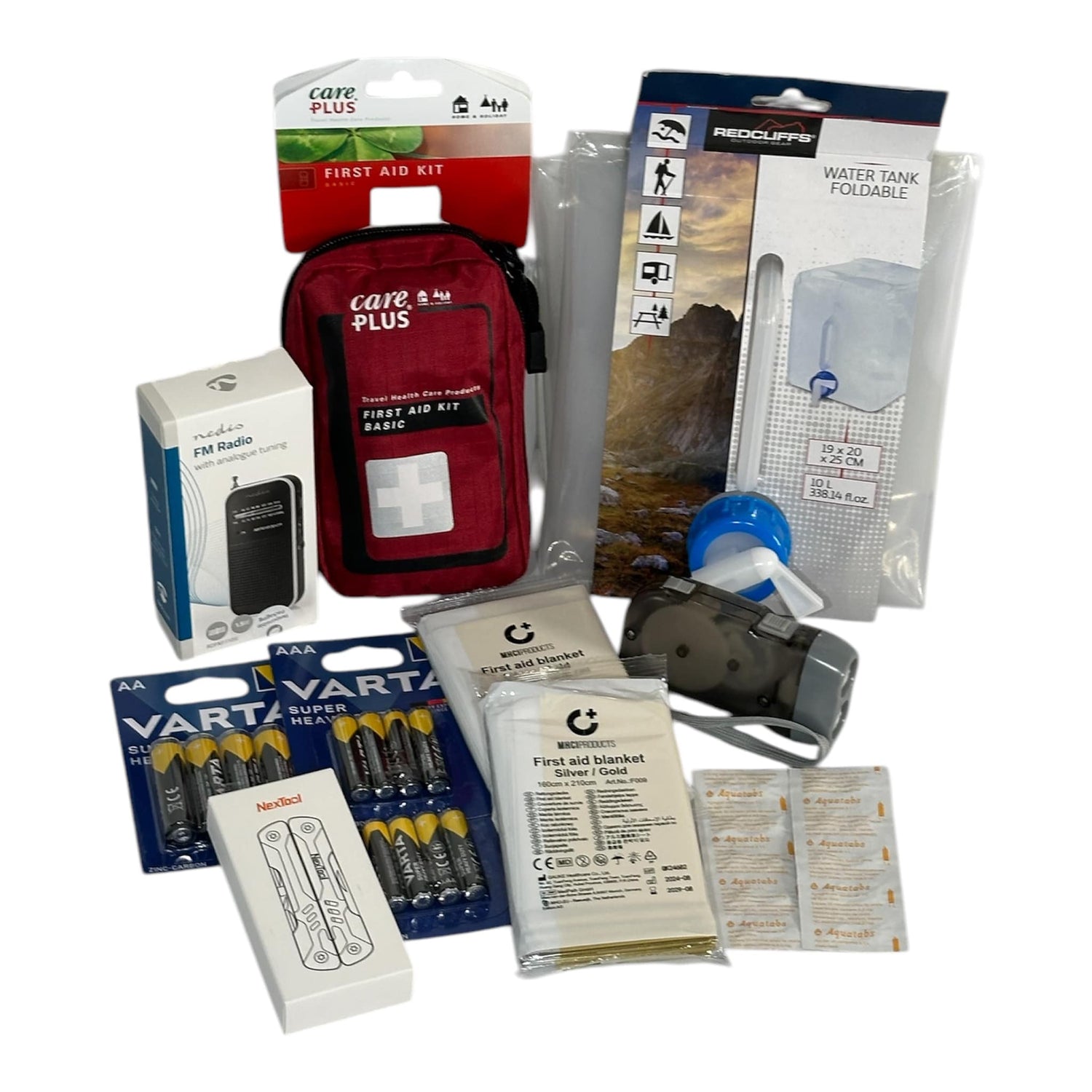 Noodpakket Essentials, FM radio, EHBO set Care Plus, Opvouwbare Jerrycan 10 liter, knijpkat zaklamp, reddingsdekens, Aquatabs, nextool mini sailor en AA-batterijen