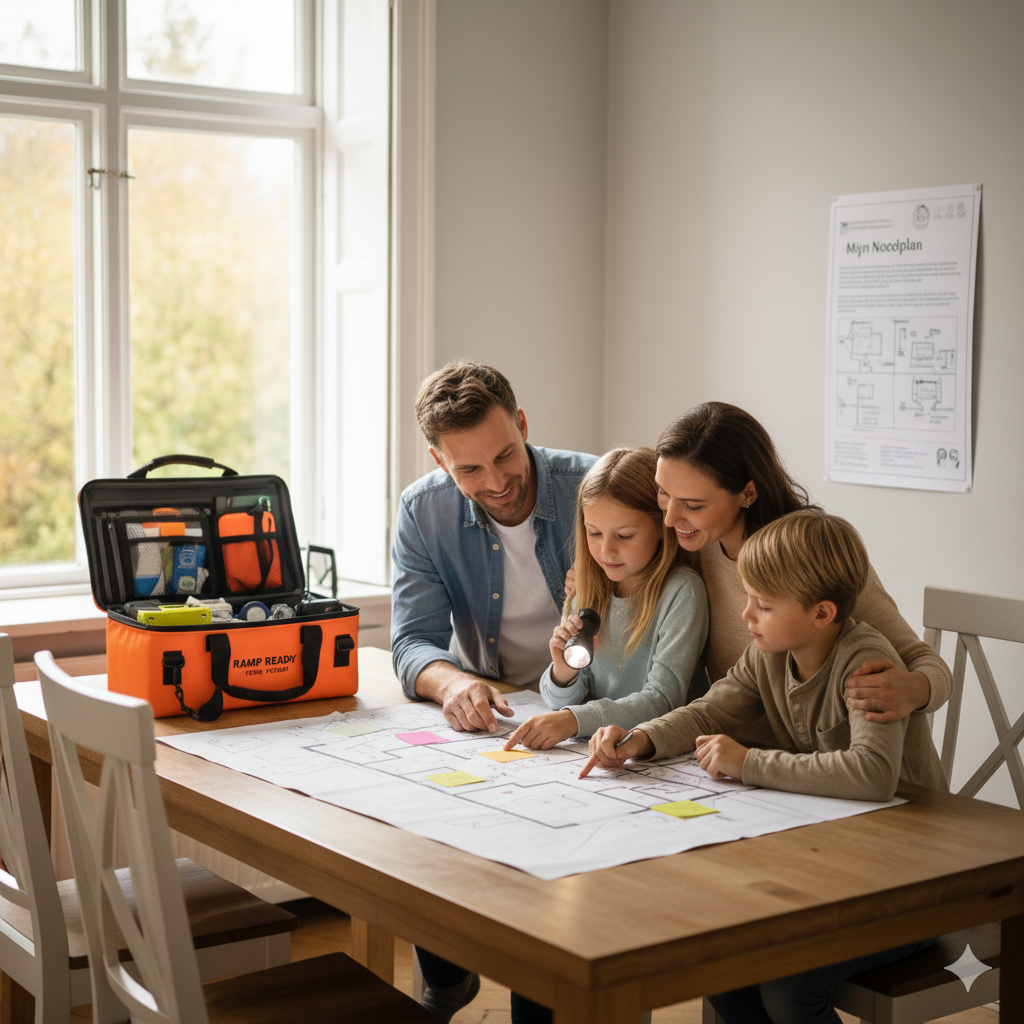 Gezin rond de tafel om een noodplan te maken 
