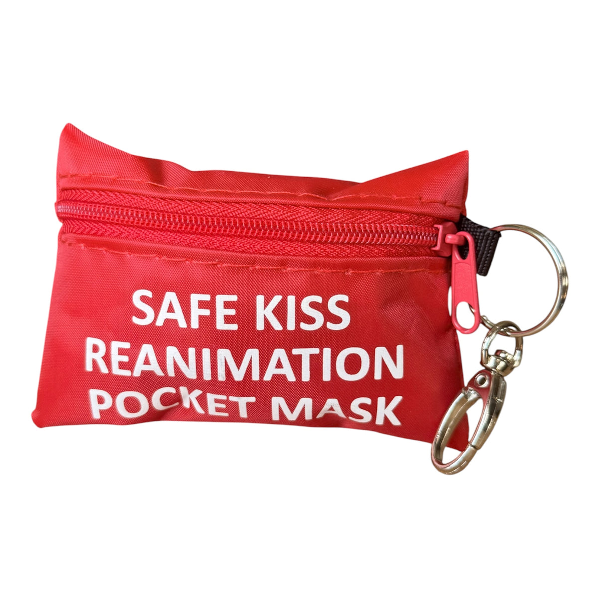 Beademingsmasker sleutelhanger, rood etui met ritssluiting, sleutelring en haak