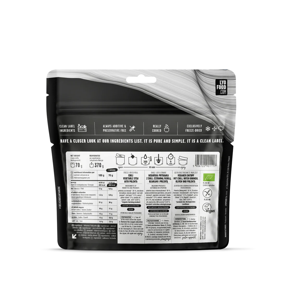 Lyofood	Organic Chili sin Carne 370g
achterkant