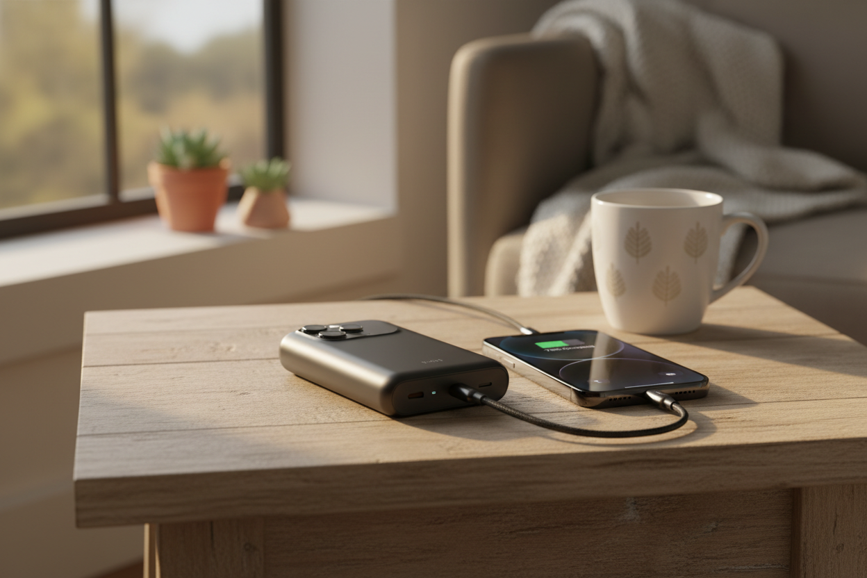 een powerbank in een huiselijke setting die wordt gebruikt om een iphone op te laden