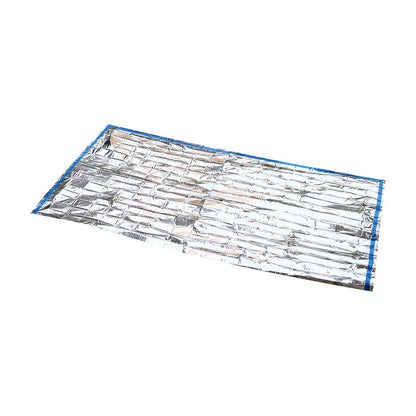 Fosco reflecterende noodslaapzak uitgevouwen, zilveren folie met blauwe rand