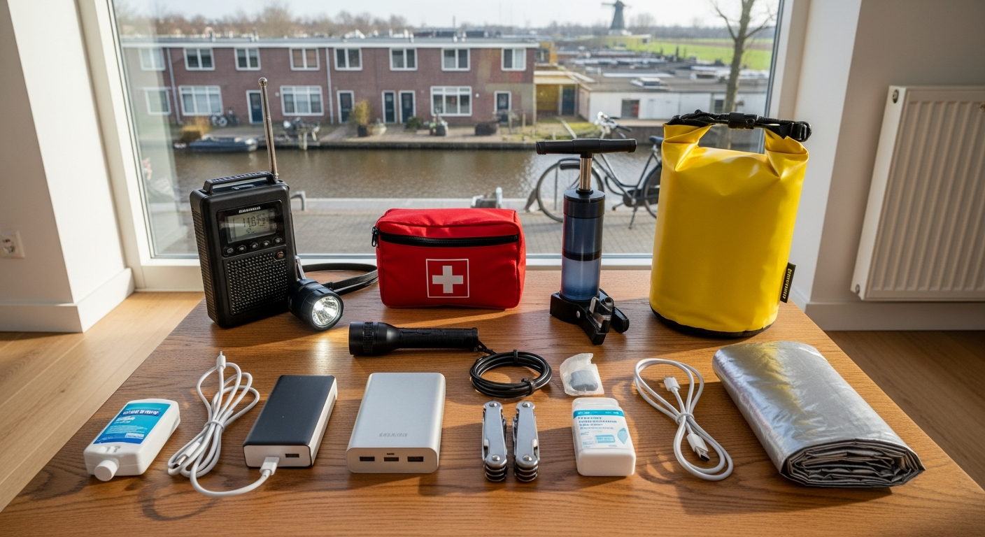Noodpakket met EHBO, waterfilter, noodradio en stroomvoorziening voor crisisvoorbereiding in Nederland