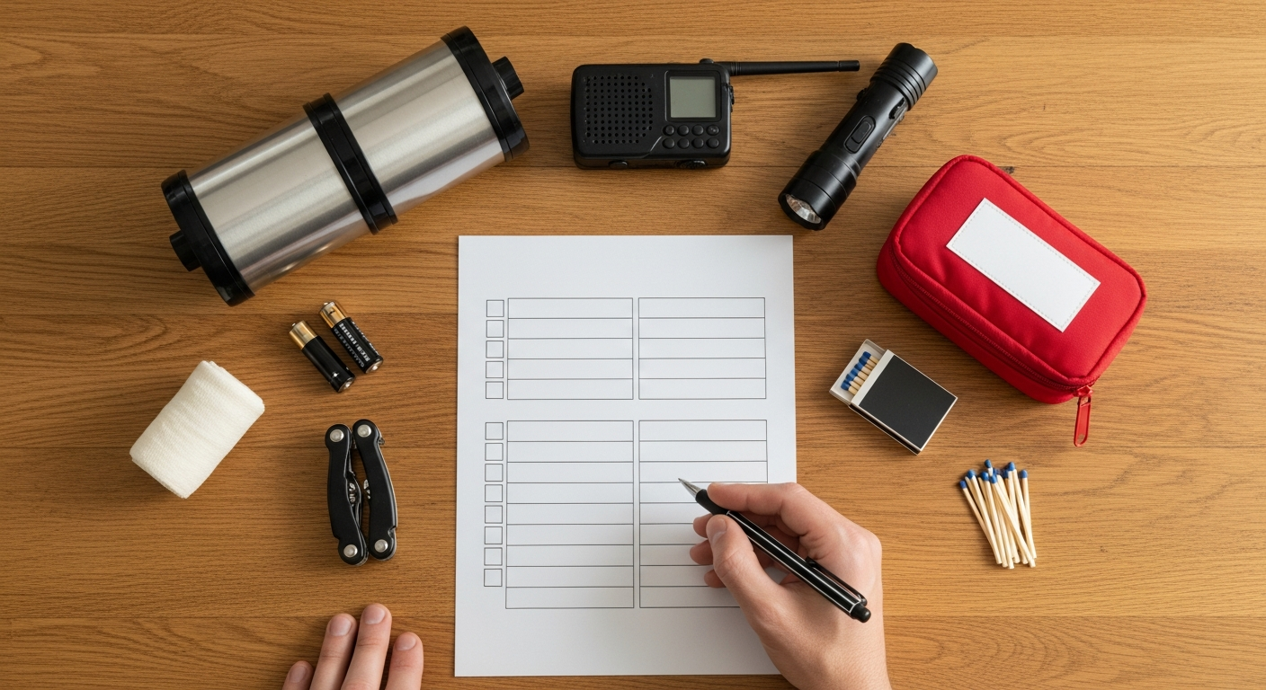 Noodpakket samenstellen met checklist, waterfilter, zaklamp, EHBO en batterijen voor noodvoorbereiding