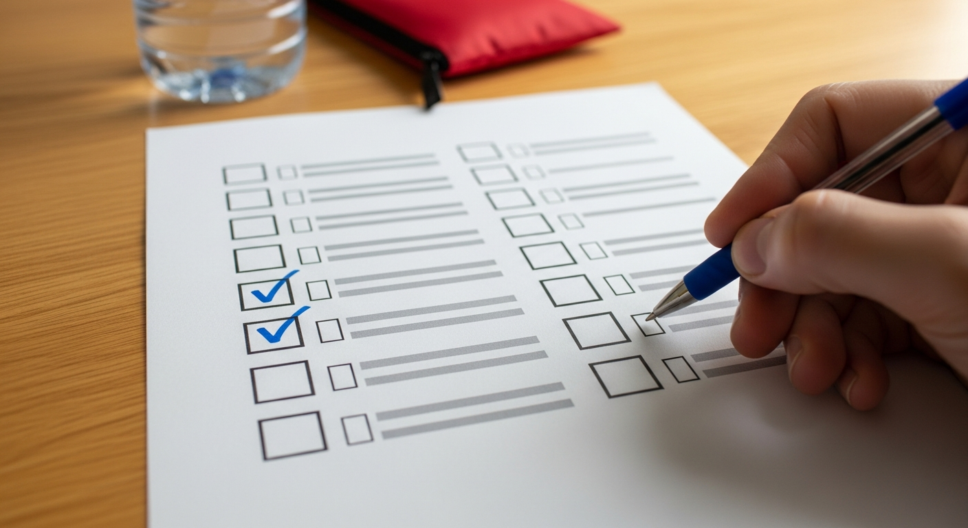 Checklist voor noodvoorbereiding met afgevinkte items en pen op houten tafel