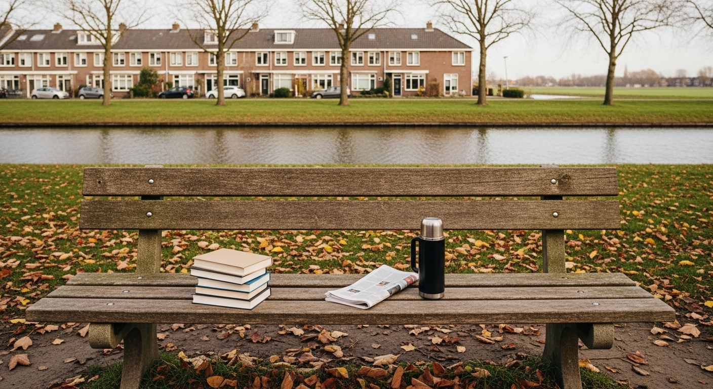 Noodvoorbereiding voor webshops: boeken en een thermosfles op een bankje aan het water in een rustige omgeving.