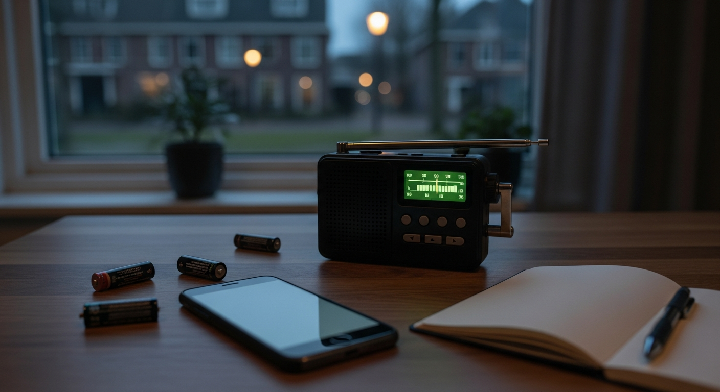 Noodradio met batterijen en smartphone voor communicatie tijdens crisis situaties