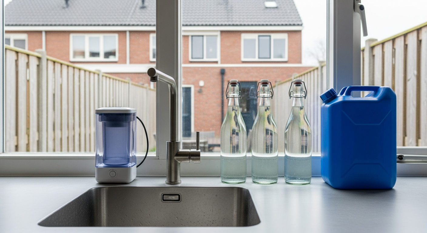 Noodvoorbereiding: waterfilters en voorraadflessen voor een veilige noodsituatie in huis.