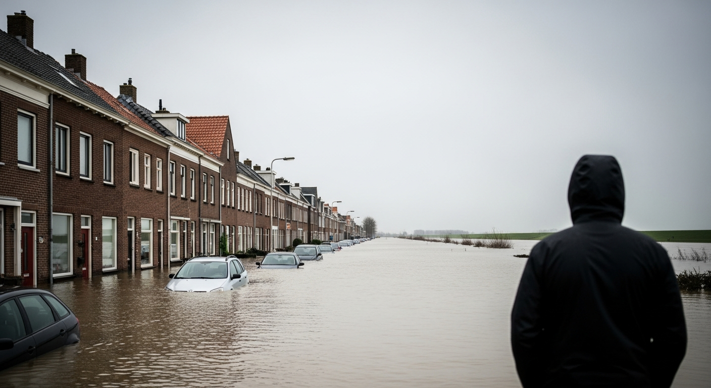 Noodvoorbereiding bij overstroming: straat onder water met auto’s en een persoon in de verte. Essentieel voor crisisplanning.