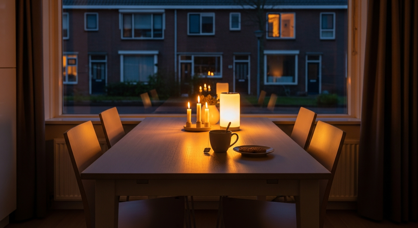 Stroomstoring met kaarslicht op eettafel, kopje en koekjes in Nederlandse woonkamer