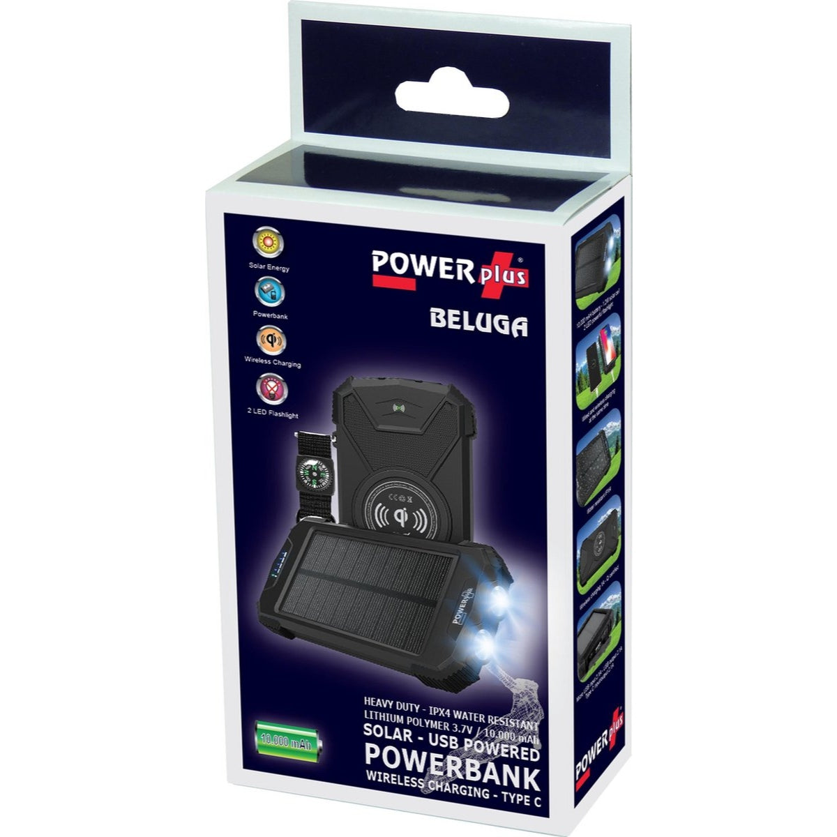 Powerplus Beluga waterdichte 10.000mah powerbank met zonnepaneel en ledlamp. verpakking