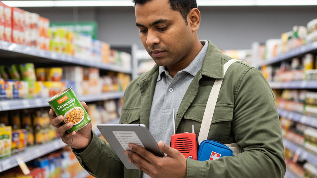 Man zoekt in de winkel spullen uit voor een noodpakket 